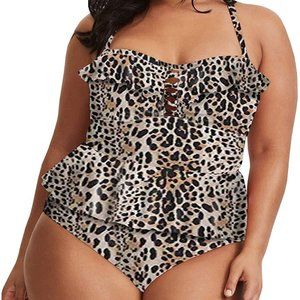 Womens Plus Size Swimwear Peplum Tankini Tummy Control 2 Piece 4X Leopard